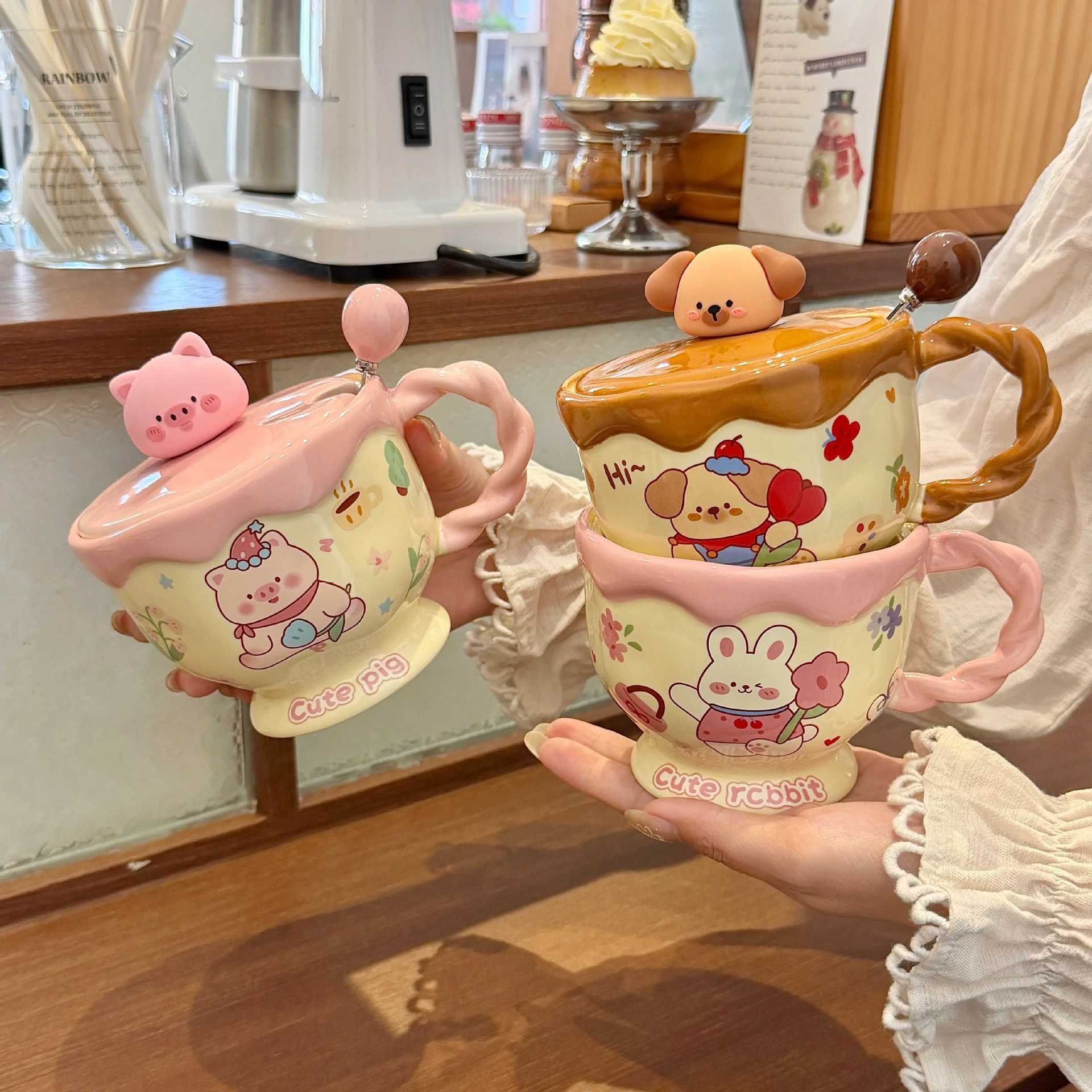 Cute Cream Cartoon Animal Ceramic Mug with Lid & Spoon