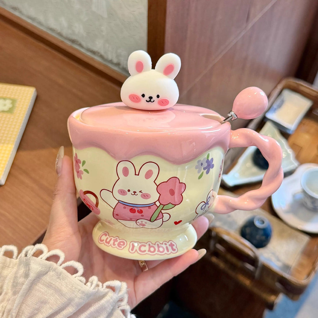 Cute Cream Cartoon Animal Ceramic Mug with Lid & Spoon