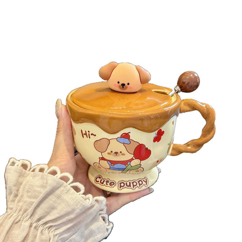 Cute Cream Cartoon Animal Ceramic Mug with Lid & Spoon